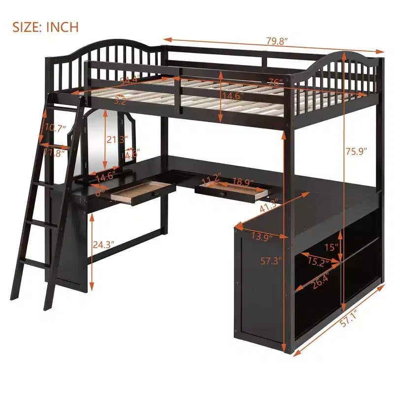 Lit mezzanine en bois pleine grandeur avec bureau en U, compartiments de rangement et miroir pliable en trois – ModernLuxe