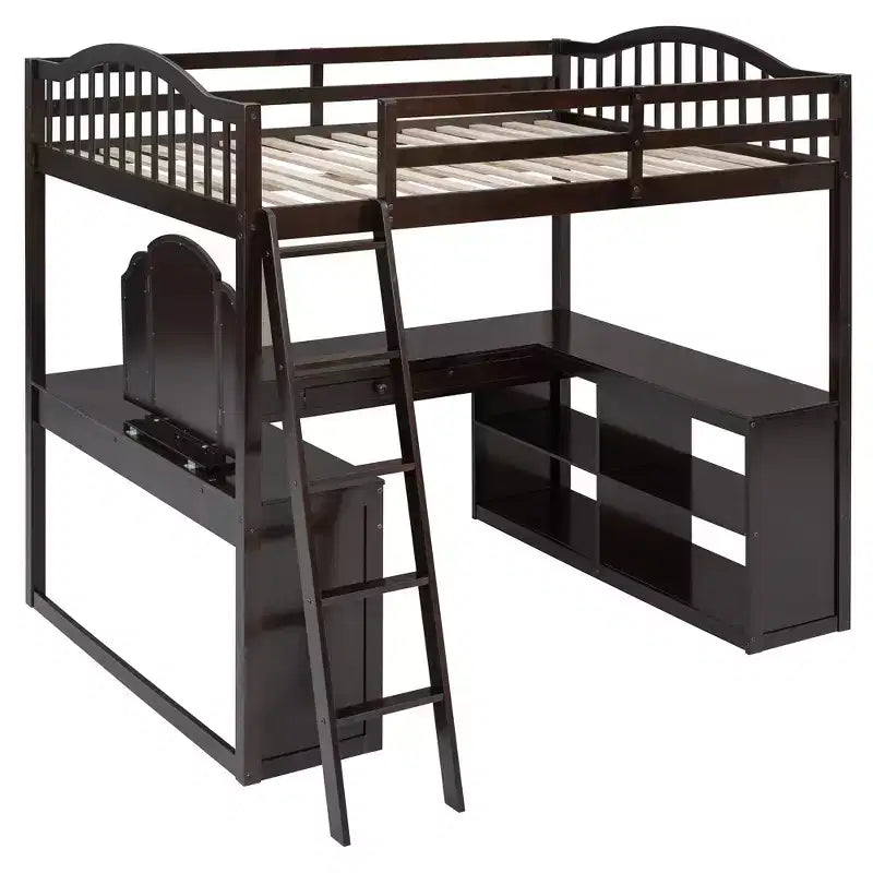 Lit mezzanine en bois pleine grandeur avec bureau en U, compartiments de rangement et miroir pliable en trois – ModernLuxe