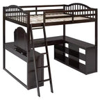 Lit mezzanine en bois pleine grandeur avec bureau en U, compartiments de rangement et miroir pliable en trois – ModernLuxe