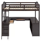 Lit mezzanine en bois pleine grandeur avec bureau en U, compartiments de rangement et miroir pliable en trois – ModernLuxe