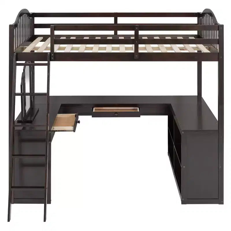 Lit mezzanine en bois pleine grandeur avec bureau en U, compartiments de rangement et miroir pliable en trois – ModernLuxe