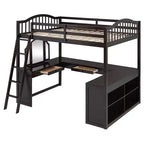 Lit mezzanine en bois pleine grandeur avec bureau en U, compartiments de rangement et miroir pliable en trois – ModernLuxe