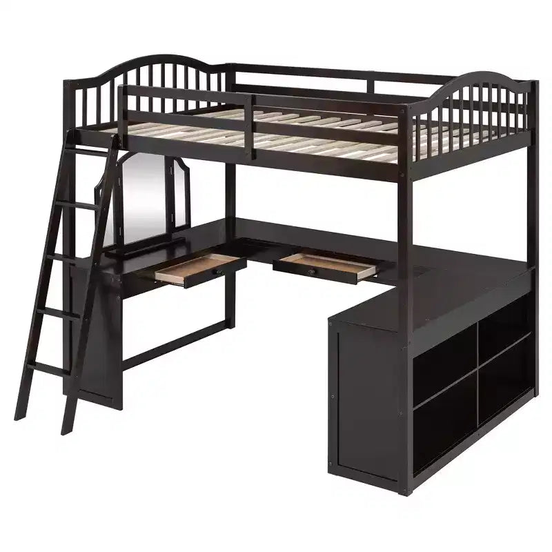 Lit mezzanine en bois pleine grandeur avec bureau en U, compartiments de rangement et miroir pliable en trois – ModernLuxe