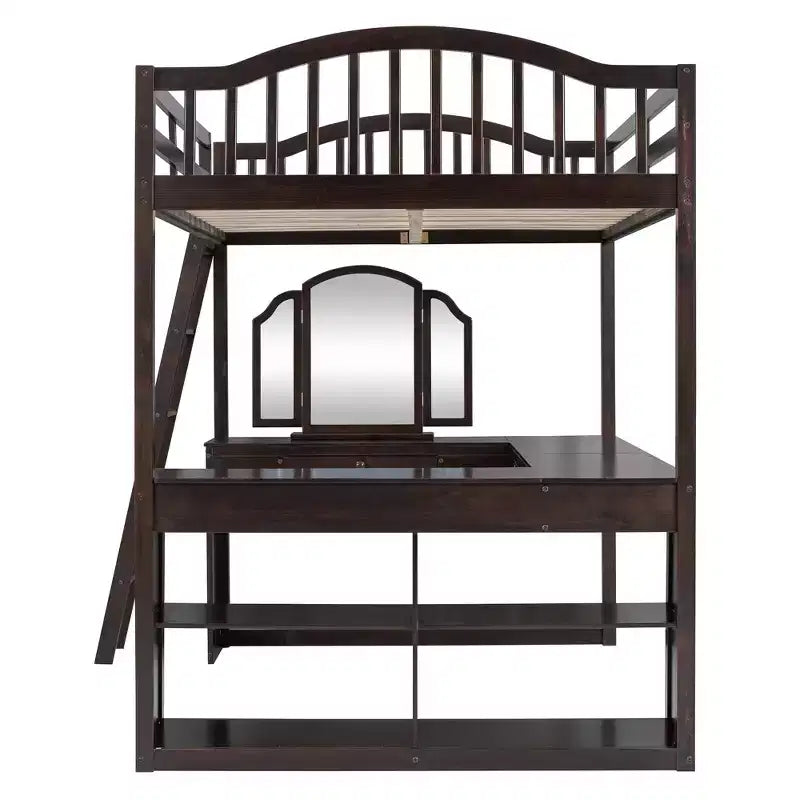 Lit mezzanine en bois pleine grandeur avec bureau en U, compartiments de rangement et miroir pliable en trois – ModernLuxe