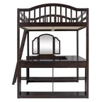 Lit mezzanine en bois pleine grandeur avec bureau en U, compartiments de rangement et miroir pliable en trois – ModernLuxe