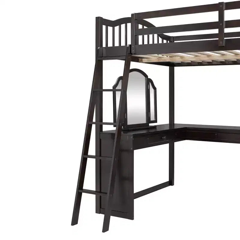 Lit mezzanine en bois pleine grandeur avec bureau en U, compartiments de rangement et miroir pliable en trois – ModernLuxe