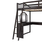 Lit mezzanine en bois pleine grandeur avec bureau en U, compartiments de rangement et miroir pliable en trois – ModernLuxe