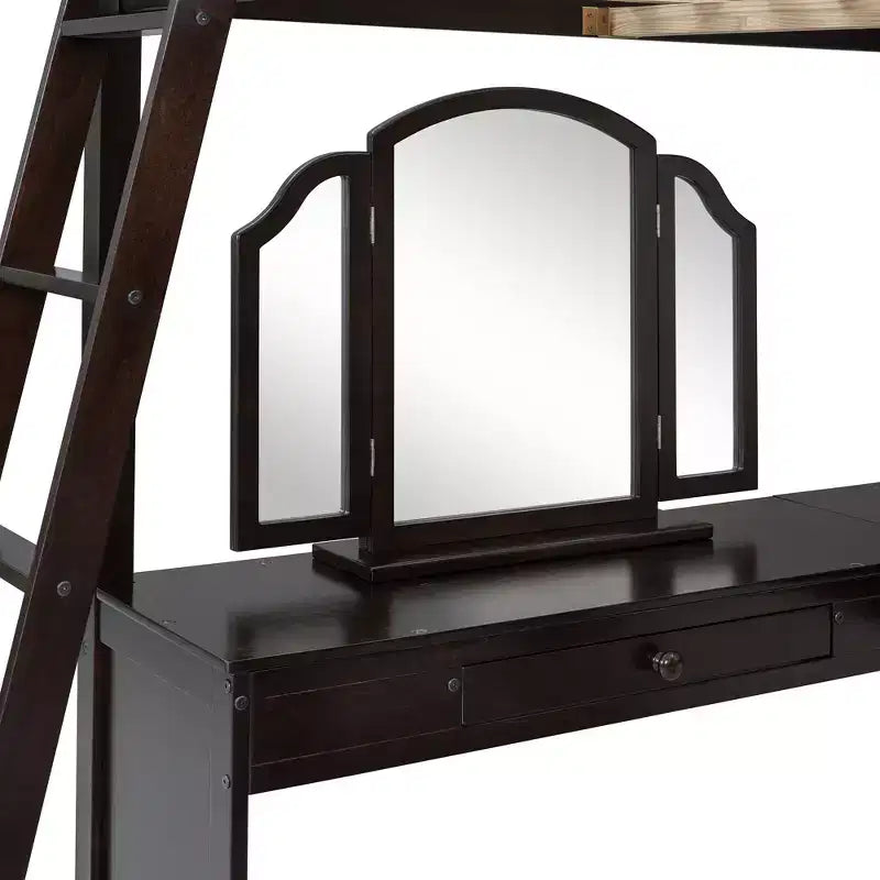 Lit mezzanine en bois pleine grandeur avec bureau en U, compartiments de rangement et miroir pliable en trois – ModernLuxe