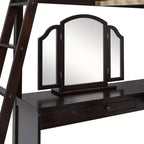Lit mezzanine en bois pleine grandeur avec bureau en U, compartiments de rangement et miroir pliable en trois – ModernLuxe