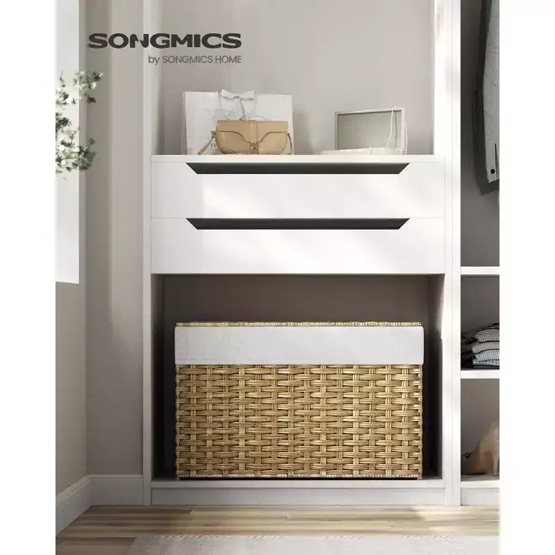 SONGMICS Panier de rangement avec couvercle, bac de rangement de 105 L (27,7 gallons), panier de rangement tressé pour couvertures avec poignées, pliable, doublure amovible, cadre en métal