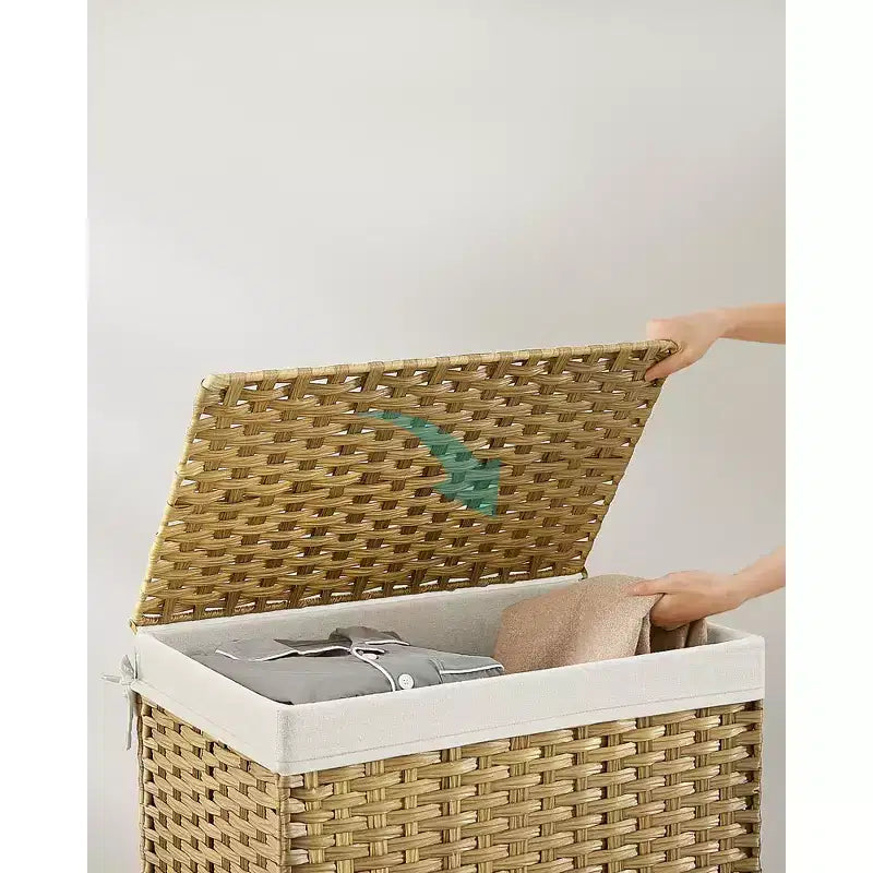 SONGMICS Panier de rangement avec couvercle, bac de rangement de 105 L (27,7 gallons), panier de rangement tressé pour couvertures avec poignées, pliable, doublure amovible, cadre en métal