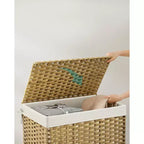 SONGMICS Panier de rangement avec couvercle, bac de rangement de 105 L (27,7 gallons), panier de rangement tressé pour couvertures avec poignées, pliable, doublure amovible, cadre en métal