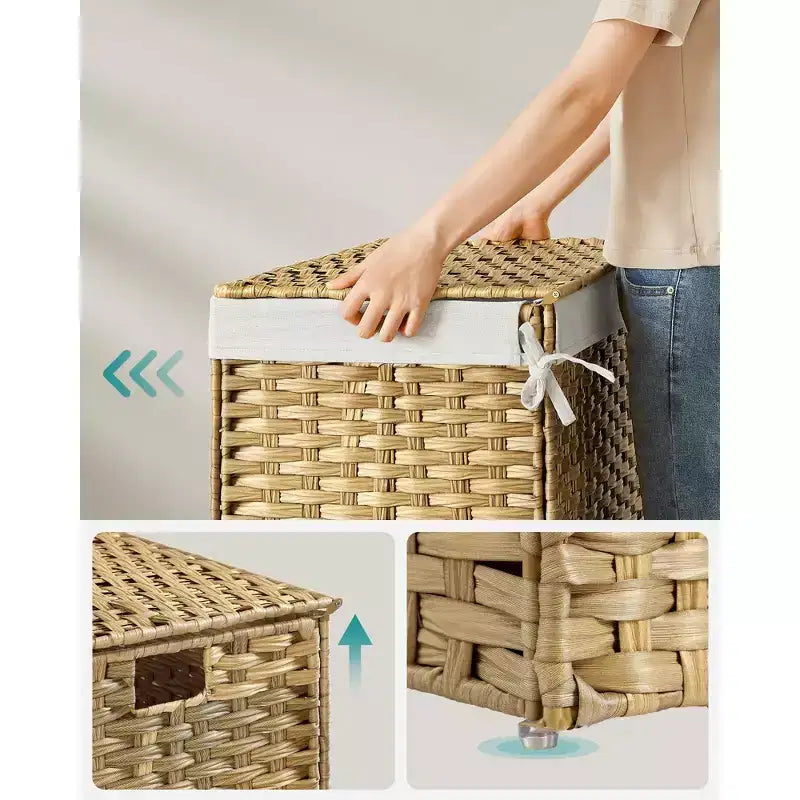 SONGMICS Panier de rangement avec couvercle, bac de rangement de 105 L (27,7 gallons), panier de rangement tressé pour couvertures avec poignées, pliable, doublure amovible, cadre en métal