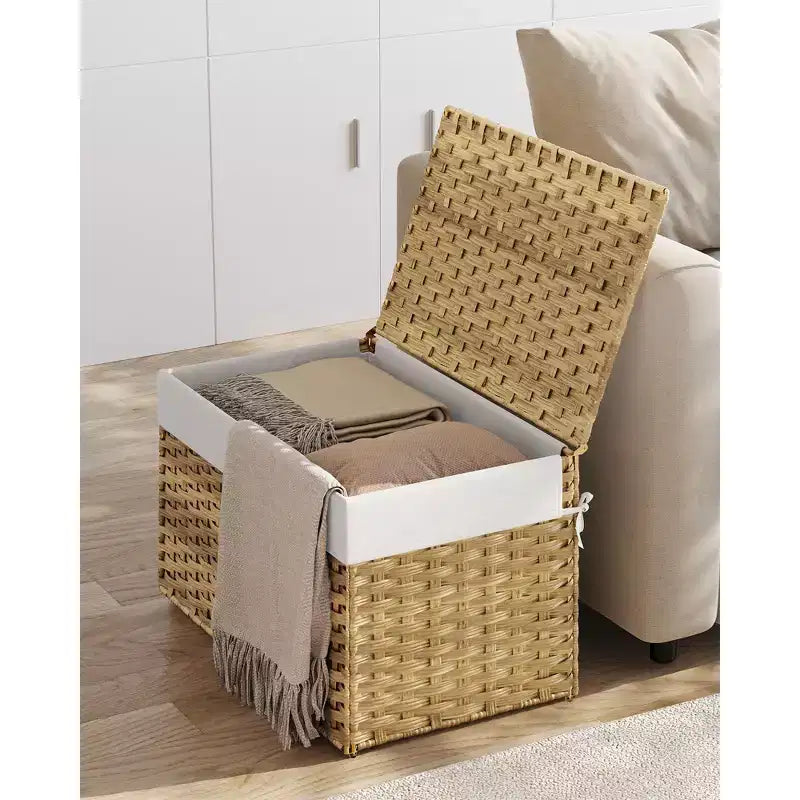 SONGMICS Panier de rangement avec couvercle, bac de rangement de 105 L (27,7 gallons), panier de rangement tressé pour couvertures avec poignées, pliable, doublure amovible, cadre en métal