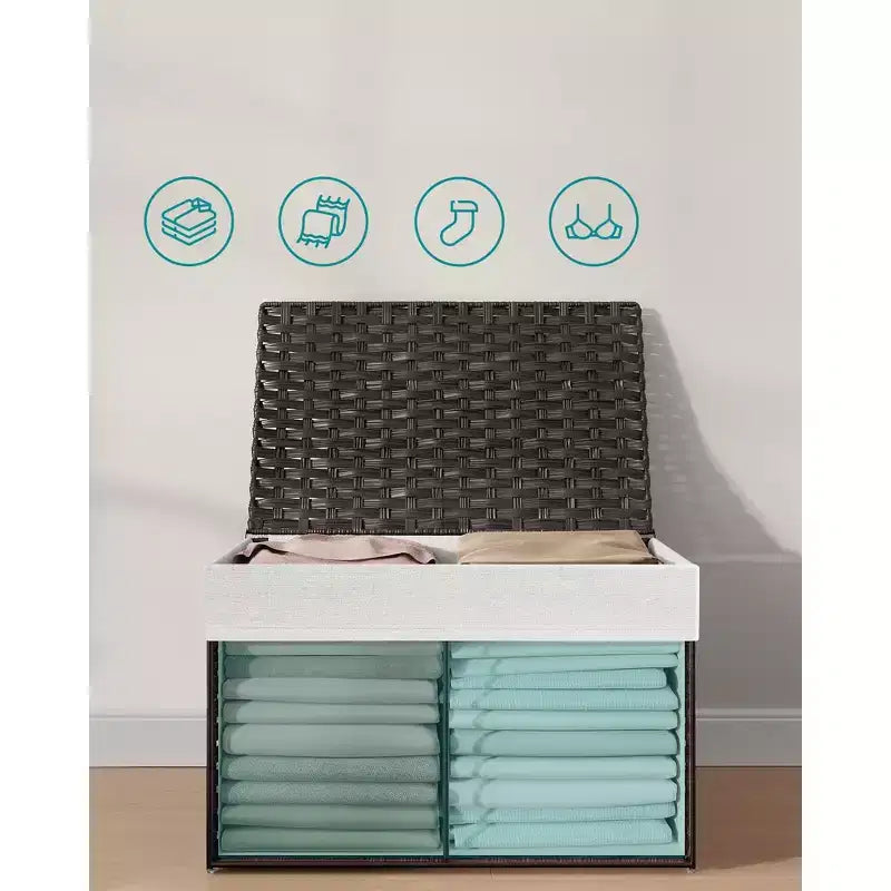 SONGMICS Panier de rangement avec couvercle, bac de rangement de 105 L (27,7 gallons), panier de rangement tressé pour couvertures avec poignées, pliable, doublure amovible, cadre en métal