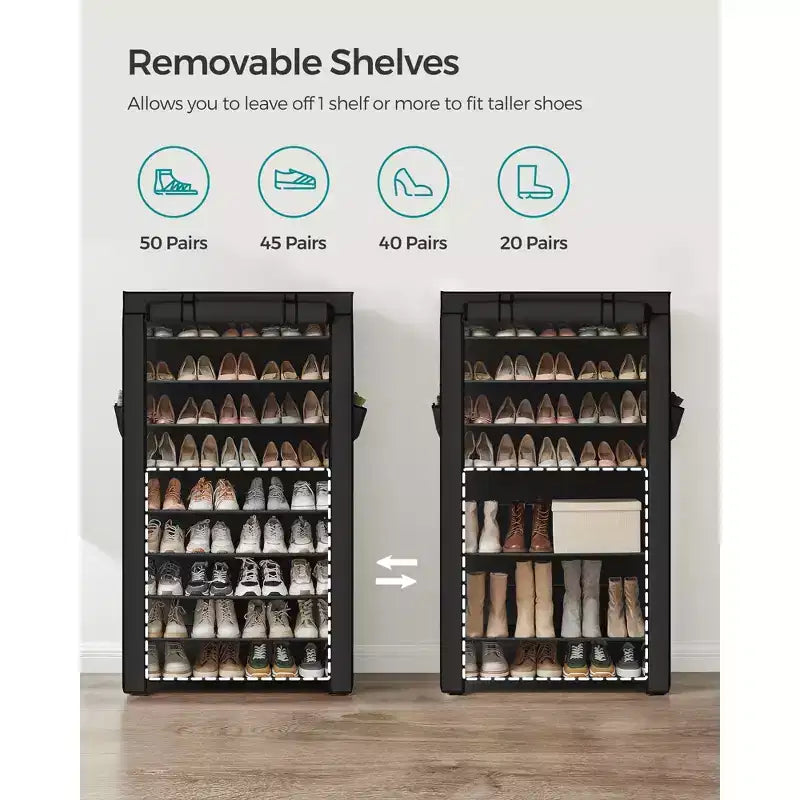 SONGMICS Meuble à Chaussures, Étagère à Chaussures à 9 Niveaux avec Housse en Tissu Non Tissé, Rangement pour 40 à 50 Paires de Chaussures