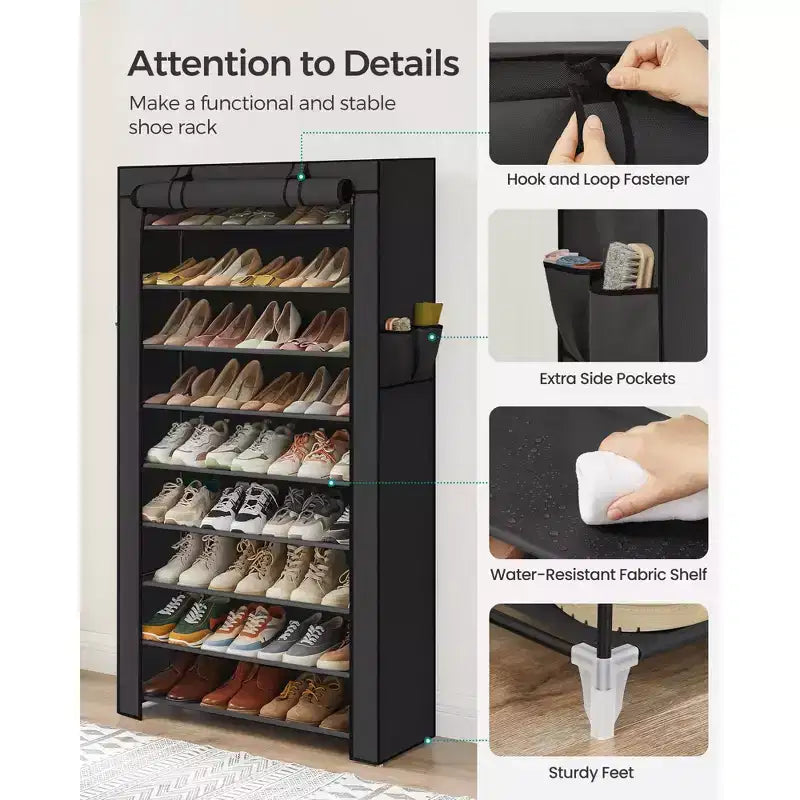 SONGMICS Meuble à Chaussures, Étagère à Chaussures à 9 Niveaux avec Housse en Tissu Non Tissé, Rangement pour 40 à 50 Paires de Chaussures