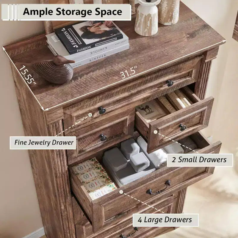 Commode de chambre à 7 tiroirs de style campagnard, commode haute de 145 cm avec colonnes romaines