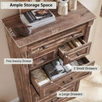 Commode de chambre à 7 tiroirs de style campagnard, commode haute de 145 cm avec colonnes romaines