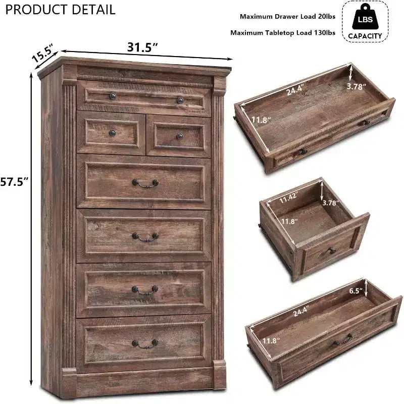 Commode de chambre à 7 tiroirs de style campagnard, commode haute de 145 cm avec colonnes romaines