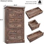 Commode de chambre à 7 tiroirs de style campagnard, commode haute de 145 cm avec colonnes romaines