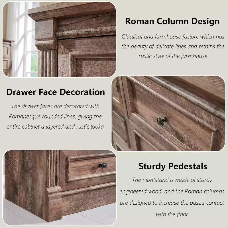 Commode de chambre à 7 tiroirs de style campagnard, commode haute de 145 cm avec colonnes romaines