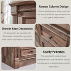 Commode de chambre à 7 tiroirs de style campagnard, commode haute de 145 cm avec colonnes romaines