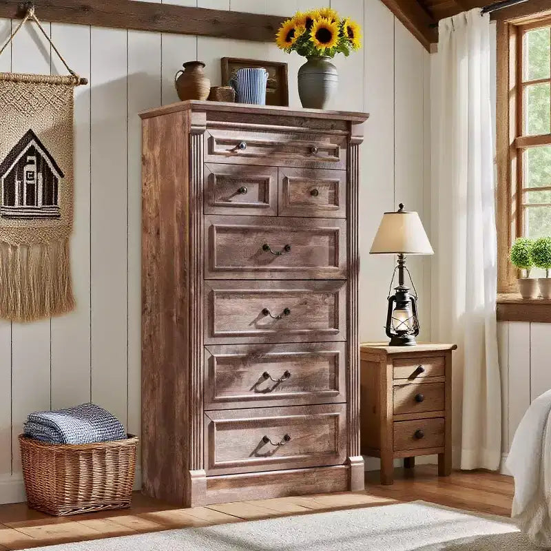 Commode de chambre à 7 tiroirs de style campagnard, commode haute de 145 cm avec colonnes romaines