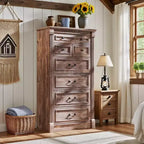 Commode de chambre à 7 tiroirs de style campagnard, commode haute de 145 cm avec colonnes romaines