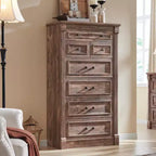 Commode de chambre à 7 tiroirs de style campagnard, commode haute de 145 cm avec colonnes romaines