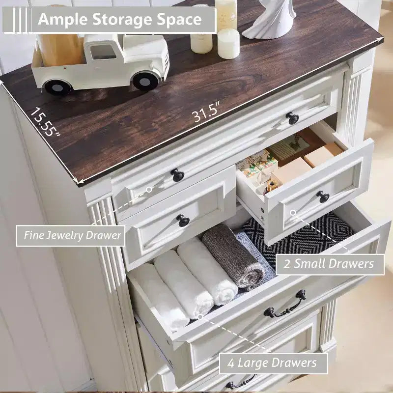 Commode de chambre à 7 tiroirs de style campagnard, commode haute de 145 cm avec colonnes romaines