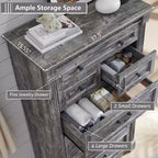 Commode de chambre à 7 tiroirs de style campagnard, commode haute de 145 cm avec colonnes romaines