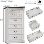 Commode de chambre à 7 tiroirs de style campagnard, commode haute de 145 cm avec colonnes romaines