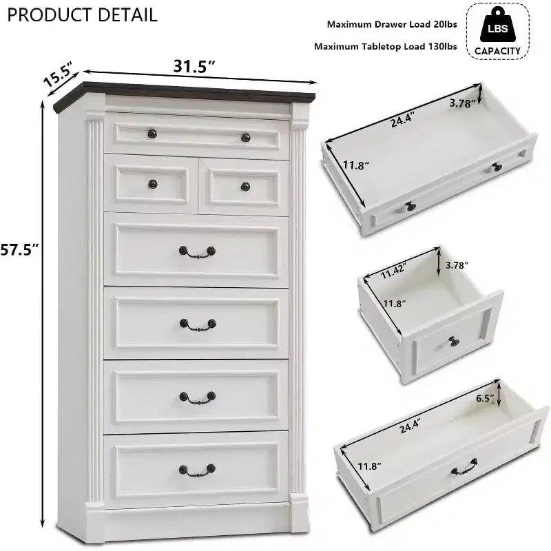 Commode de chambre à 7 tiroirs de style campagnard, commode haute de 145 cm avec colonnes romaines