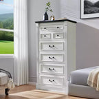 Commode de chambre à 7 tiroirs de style campagnard, commode haute de 145 cm avec colonnes romaines