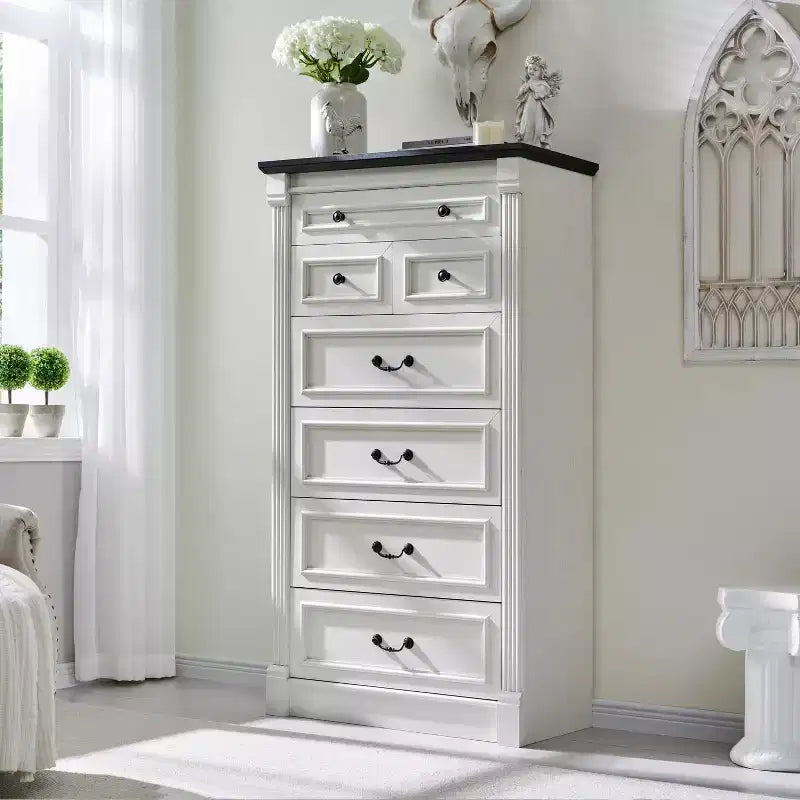 Commode de chambre à 7 tiroirs de style campagnard, commode haute de 145 cm avec colonnes romaines