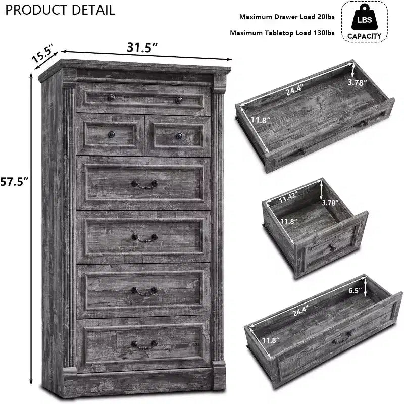Commode de chambre à 7 tiroirs de style campagnard, commode haute de 145 cm avec colonnes romaines