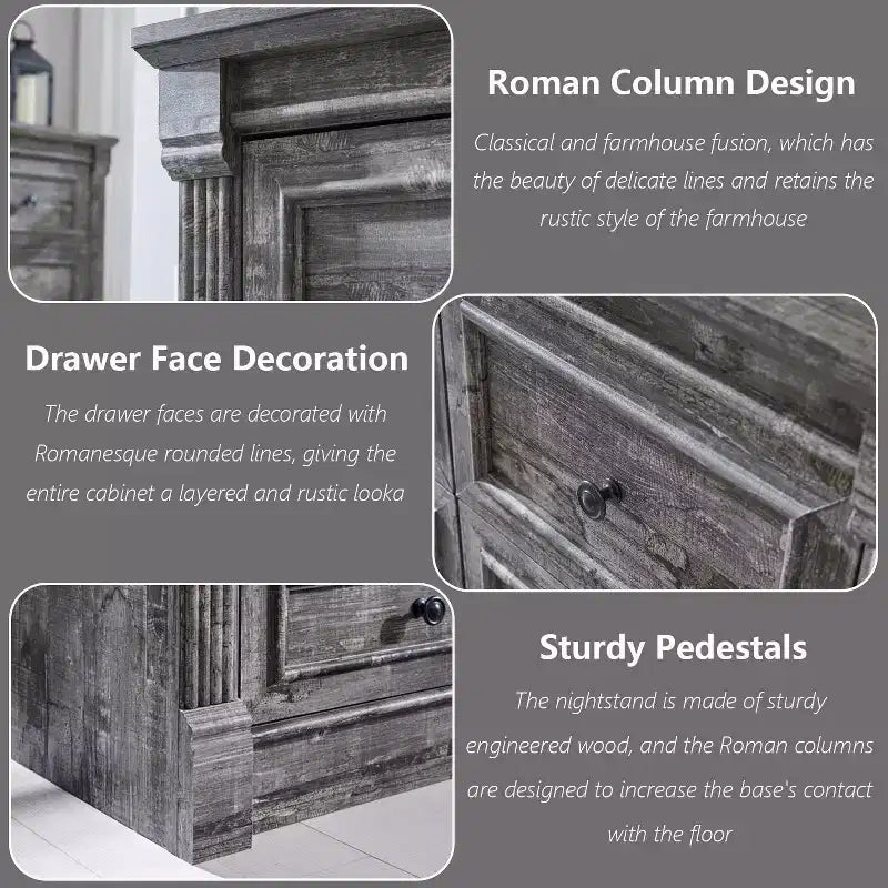 Commode de chambre à 7 tiroirs de style campagnard, commode haute de 145 cm avec colonnes romaines