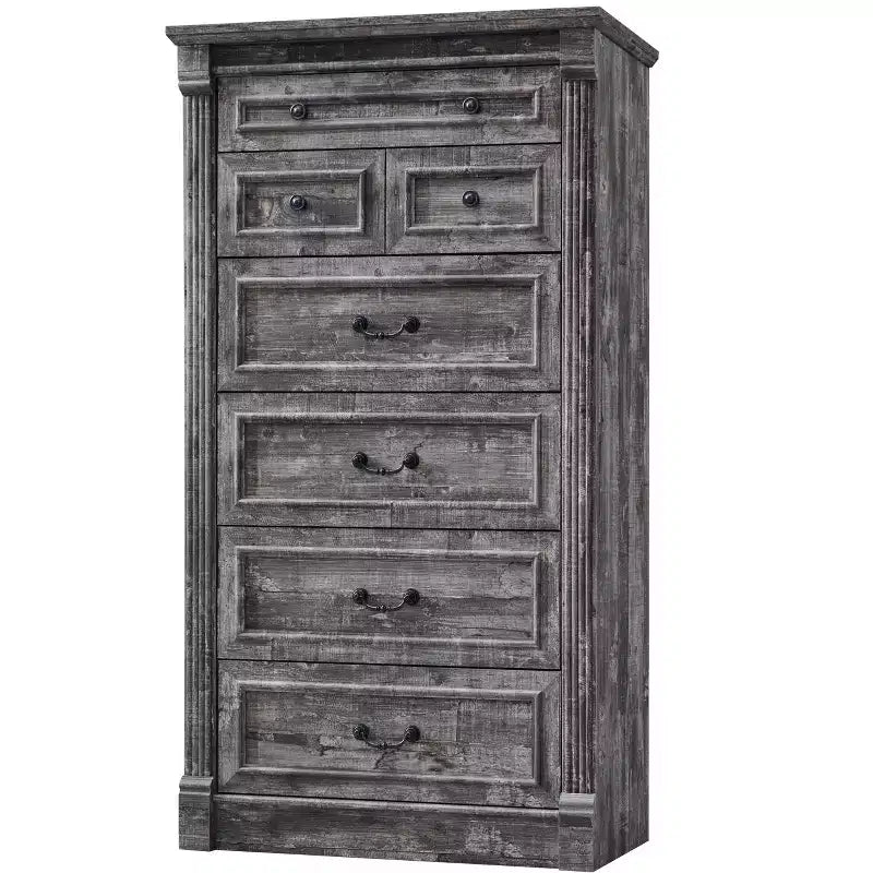 Commode de chambre à 7 tiroirs de style campagnard, commode haute de 145 cm avec colonnes romaines