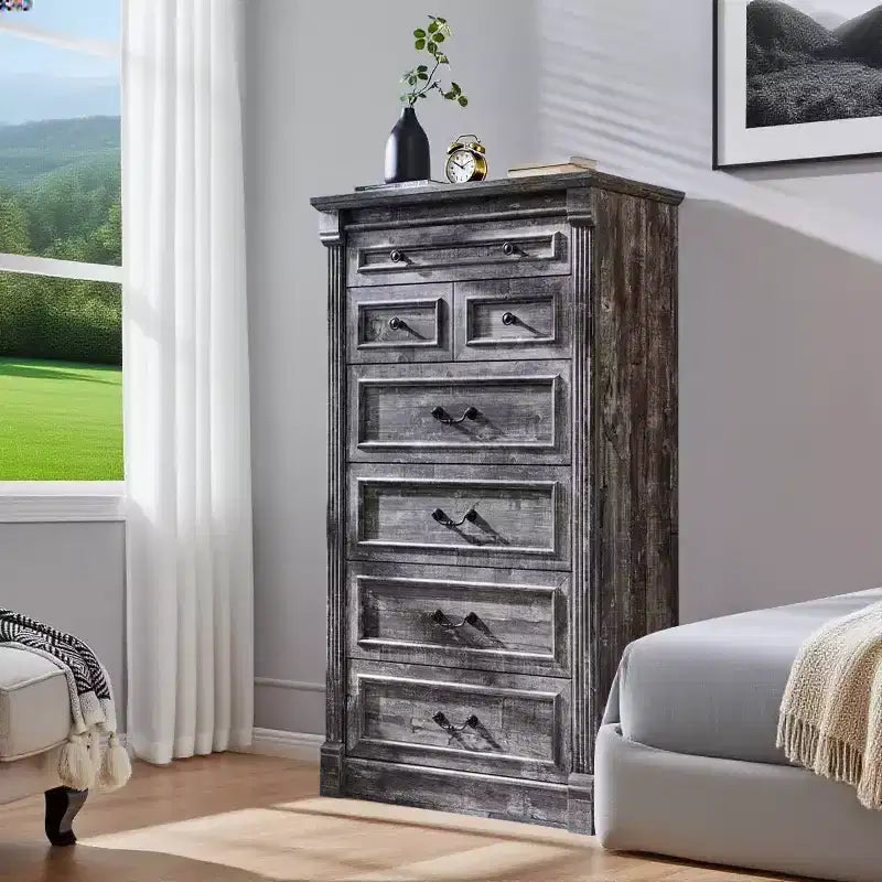 Commode de chambre à 7 tiroirs de style campagnard, commode haute de 145 cm avec colonnes romaines