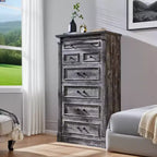 Commode de chambre à 7 tiroirs de style campagnard, commode haute de 145 cm avec colonnes romaines