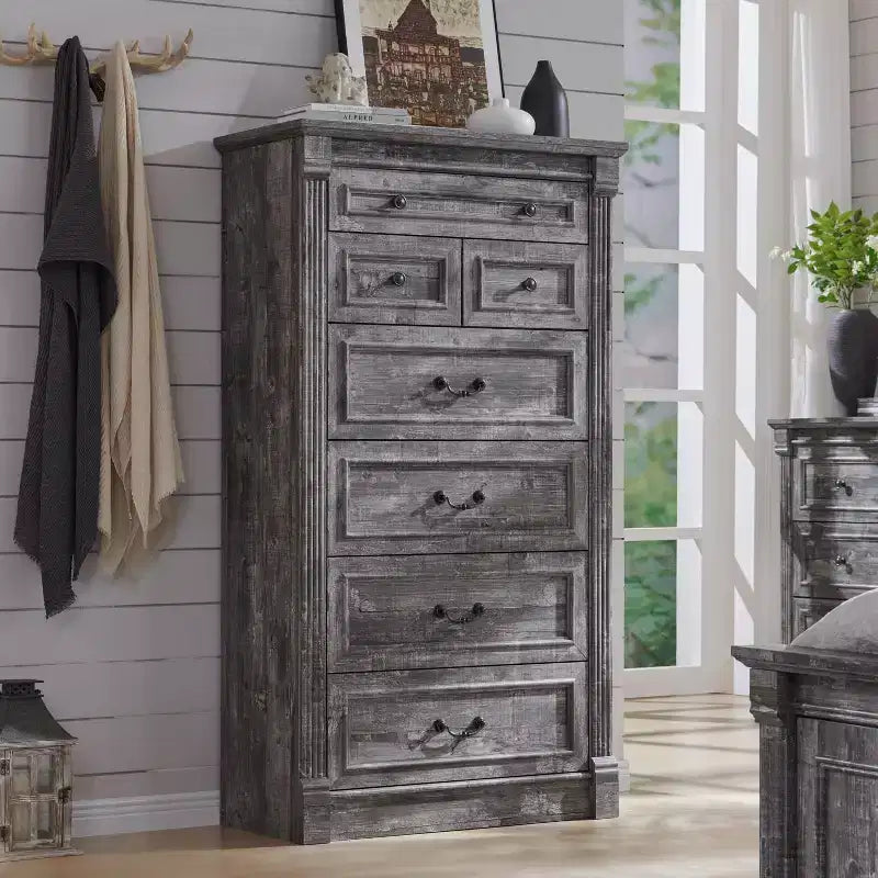 Commode de chambre à 7 tiroirs de style campagnard, commode haute de 145 cm avec colonnes romaines