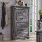 Commode de chambre à 7 tiroirs de style campagnard, commode haute de 145 cm avec colonnes romaines
