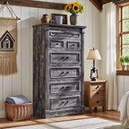 Commode de chambre à 7 tiroirs de style campagnard, commode haute de 145 cm avec colonnes romaines