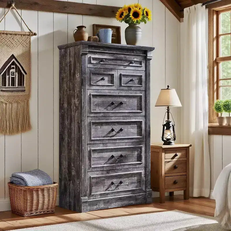 Commode de chambre à 7 tiroirs de style campagnard, commode haute de 145 cm avec colonnes romaines