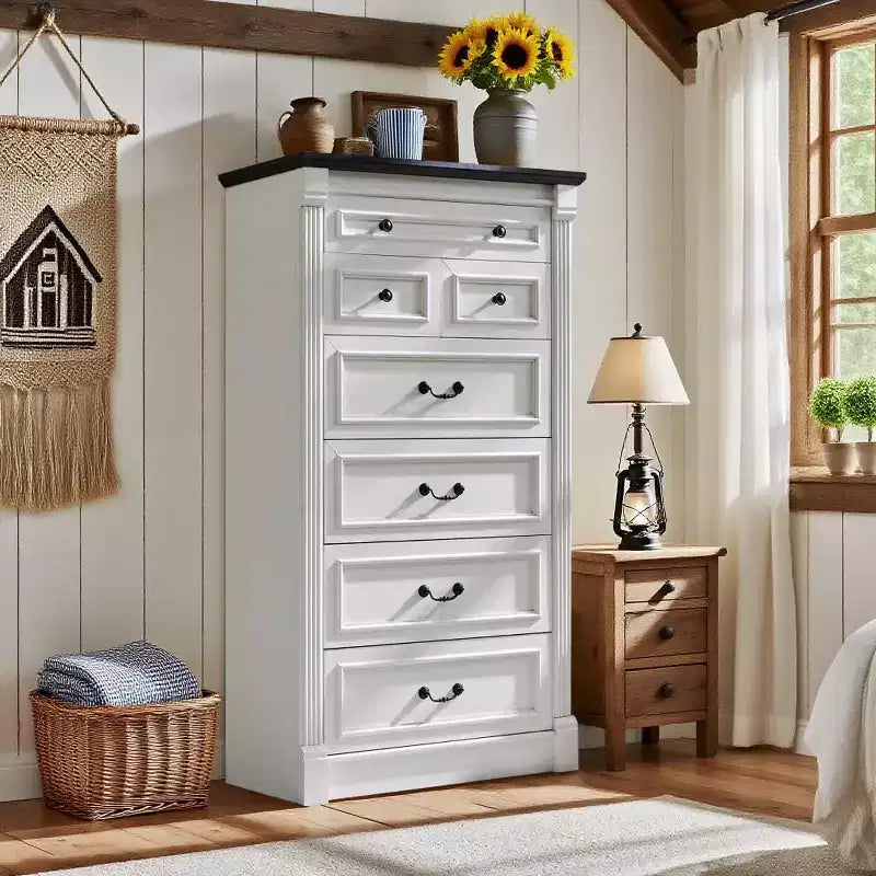 Commode de chambre à 7 tiroirs de style campagnard, commode haute de 145 cm avec colonnes romaines
