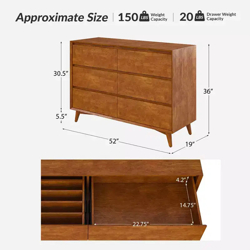 Commode Nanni à 6 tiroirs avec pieds réglables | ART OF LIVING DESIGNS-ACORN