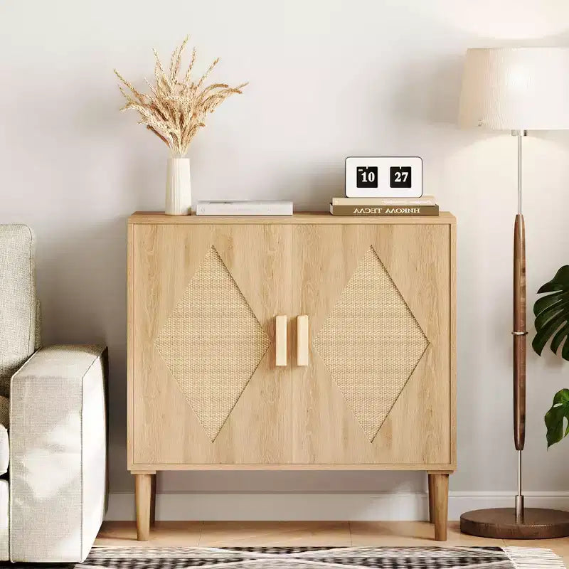 Buffet Whizmax avec Rangement, Meuble de Rangement avec 2 Portes en Rotin, Buffet, Armoire d'Appoint pour Salon, Entrée, Naturel