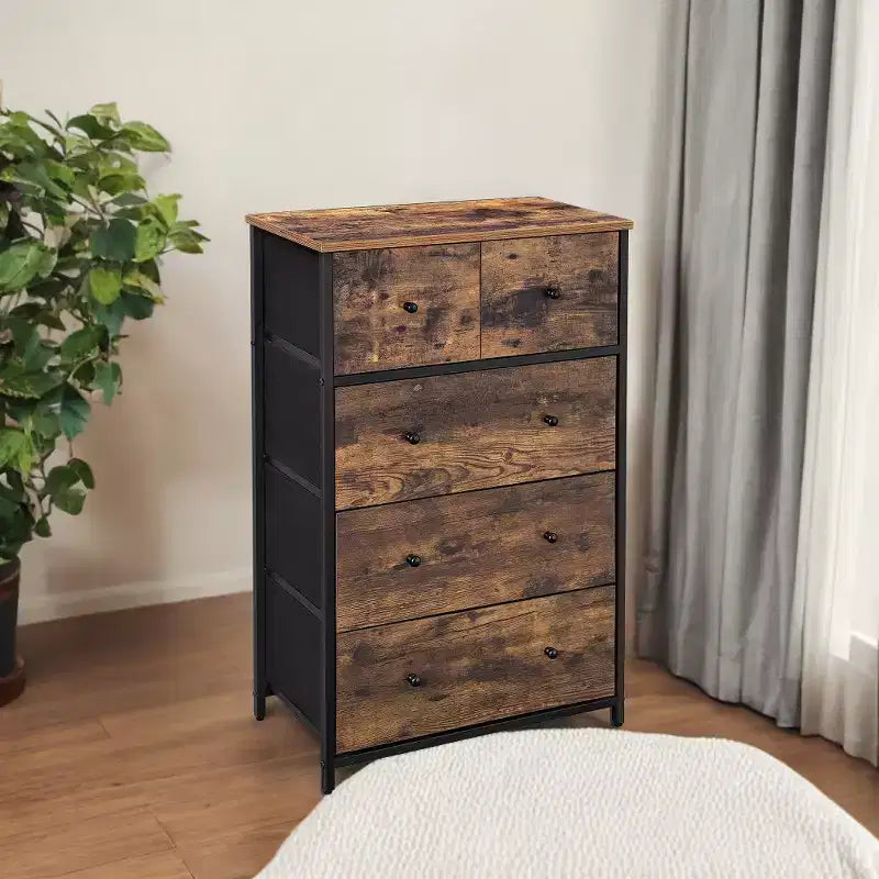 SONGMICS Commode de rangement à 5 tiroirs en tissu, tour de commode, façade et dessus en bois, façade et dessus en bois ajoutent une touche élégante