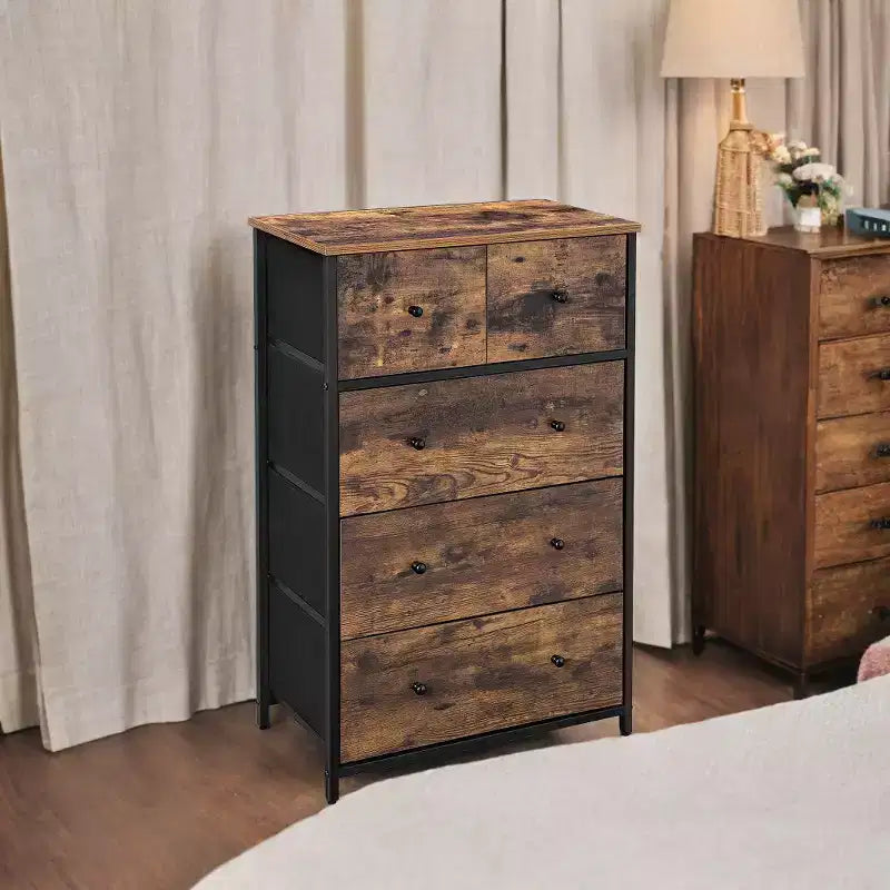 SONGMICS Commode de rangement à 5 tiroirs en tissu, tour de commode, façade et dessus en bois, façade et dessus en bois ajoutent une touche élégante